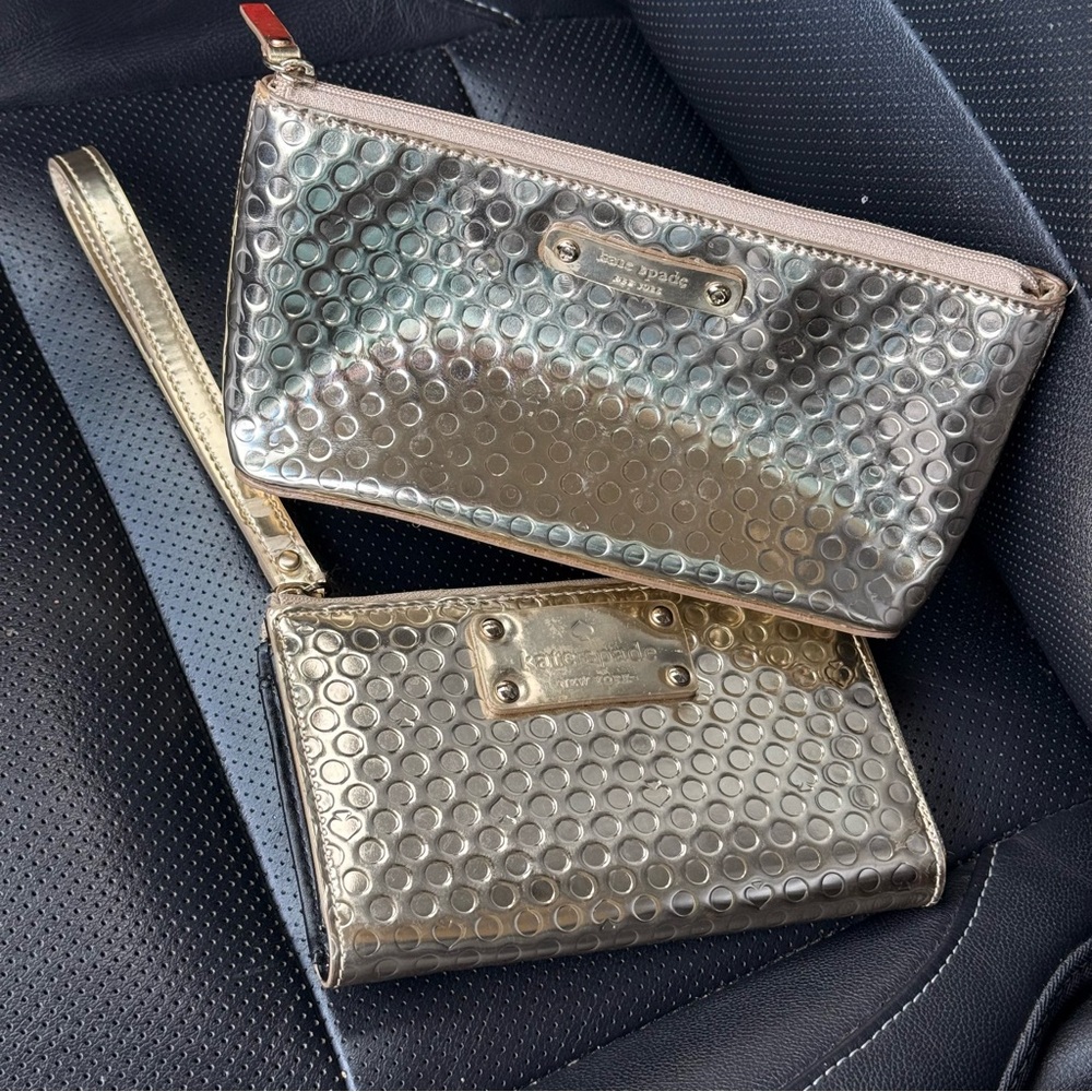Kate Spade Gold Wristlet Set, bundle, wallet and makeup pouch, good condition